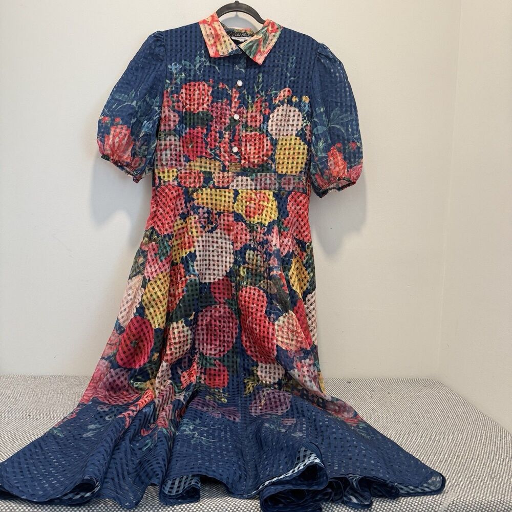Dalia MacPhee Floral Tie-Neck Maxi Dress Balloon Sleeve Cottagecore L